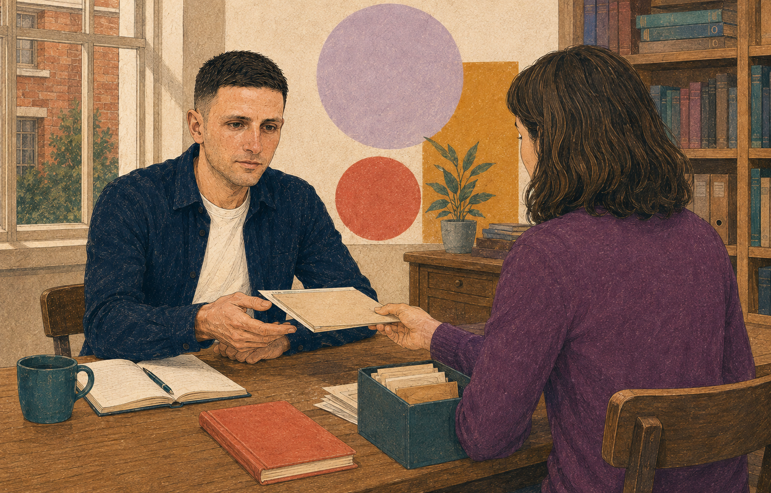 A source quietly sharing information with Ryan Jarvis across a table.